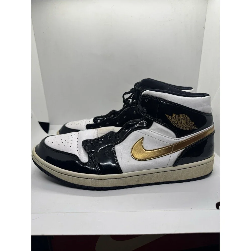 Nike Air Jordan 1 Mid Patent Black White Gold Mens 13 Shoes Sneakers 852542 007